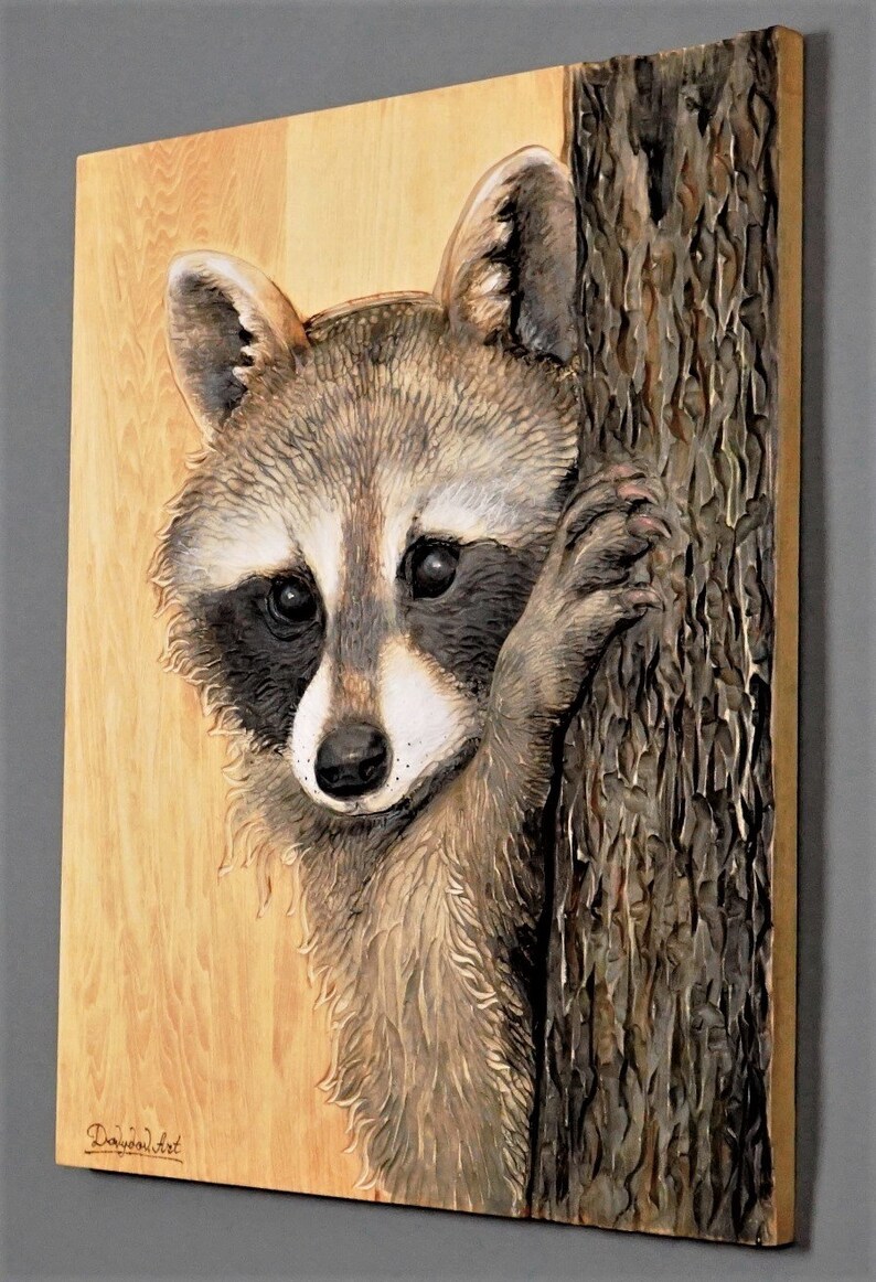 Grand Raccoon Portrait Hand Carved on Wood,Detailed Nature Relief Wall Art,Unique Modern Decoration Gift,Great Wildlife Realistic Animals image 6