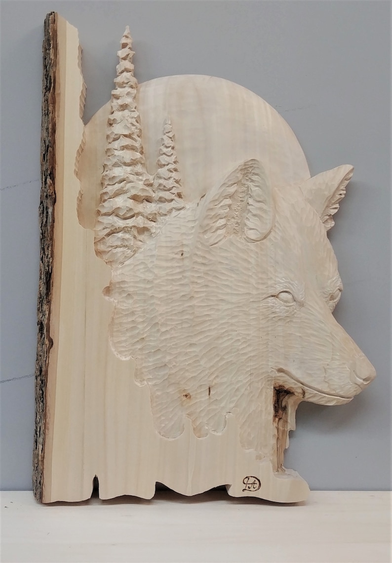 Wolf with Moon and Pines Handcarved in Wood by Davydovart,Wooden Meaningful Gift For Hunters,Cottage Deco For Wild Nature Lovers with Bark image 2