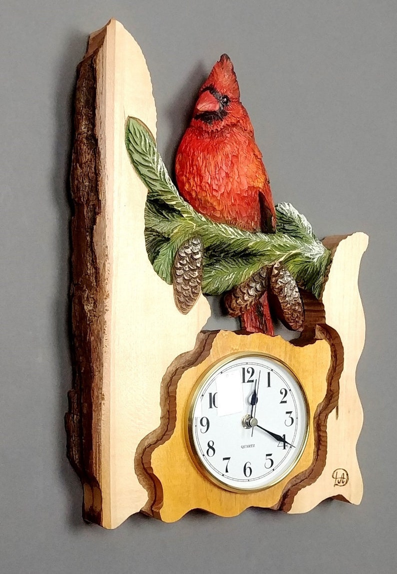 Wooden Realistic Red Cardinal With Clock, Gift Hand Carved Bird for ...