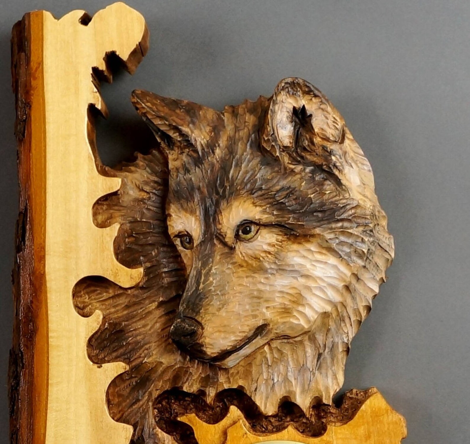 Wolf Carved on Wood Wood Carving with Bark Hand Made Gift Wall Etsy