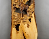 Escultura de alce de madera con corteza arte y pared caza regalo de colección para los fanáticos de alces OOAK el regalo de cumpleaños