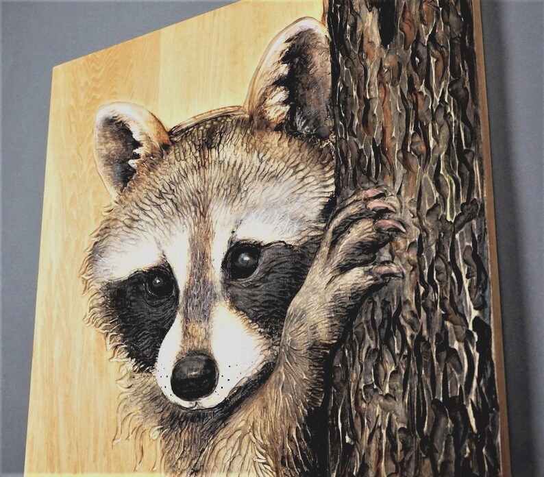 Grand Raccoon Portrait Hand Carved on Wood,Detailed Nature Relief Wall Art,Unique Modern Decoration Gift,Great Wildlife Realistic Animals image 4