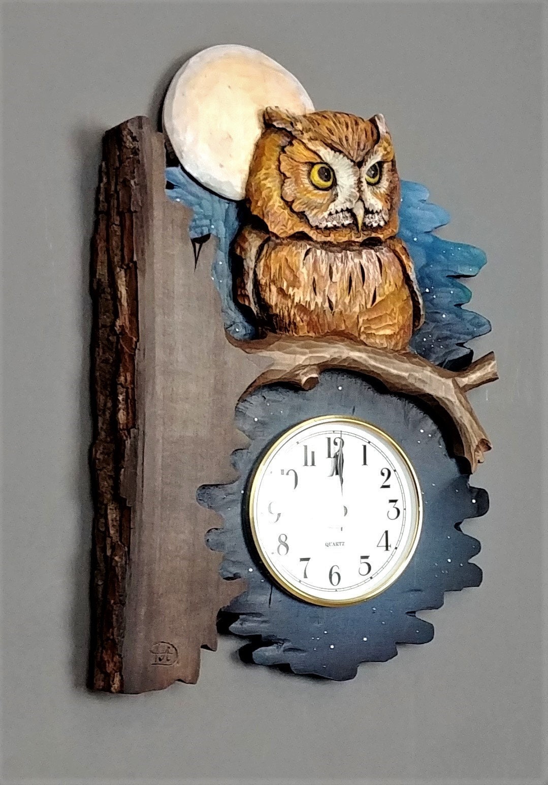 Clock With Copper Owl Hand Carved in Limewood With Natural Bark, Gift ...