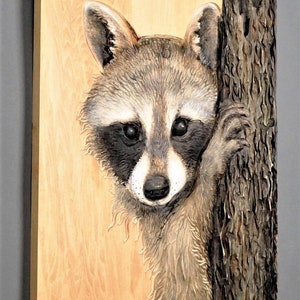 Grand Raccoon Portrait Hand Carved on Wood,Detailed Nature Relief Wall Art,Unique Modern Decoration Gift,Great Wildlife Realistic Animals image 5