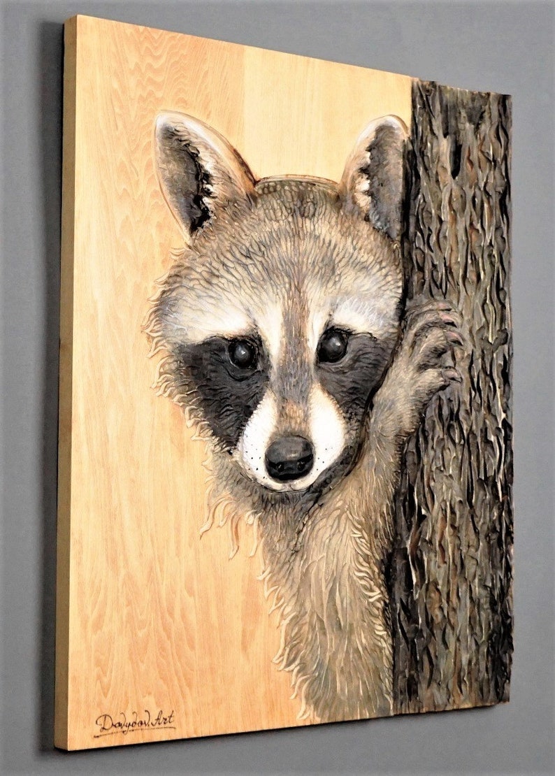 Grand Raccoon Portrait Hand Carved on Wood,Detailed Nature Relief Wall Art,Unique Modern Decoration Gift,Great Wildlife Realistic Animals image 5