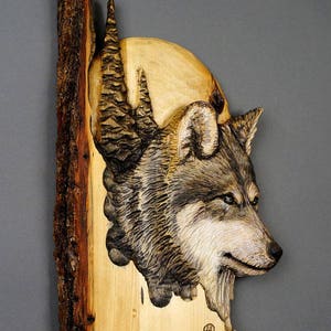 Wolf with Moon and Pines Handcarved in Wood by Davydovart,Wooden Meaningful Gift For Hunters,Cottage Deco For Wild Nature Lovers with Bark image 3