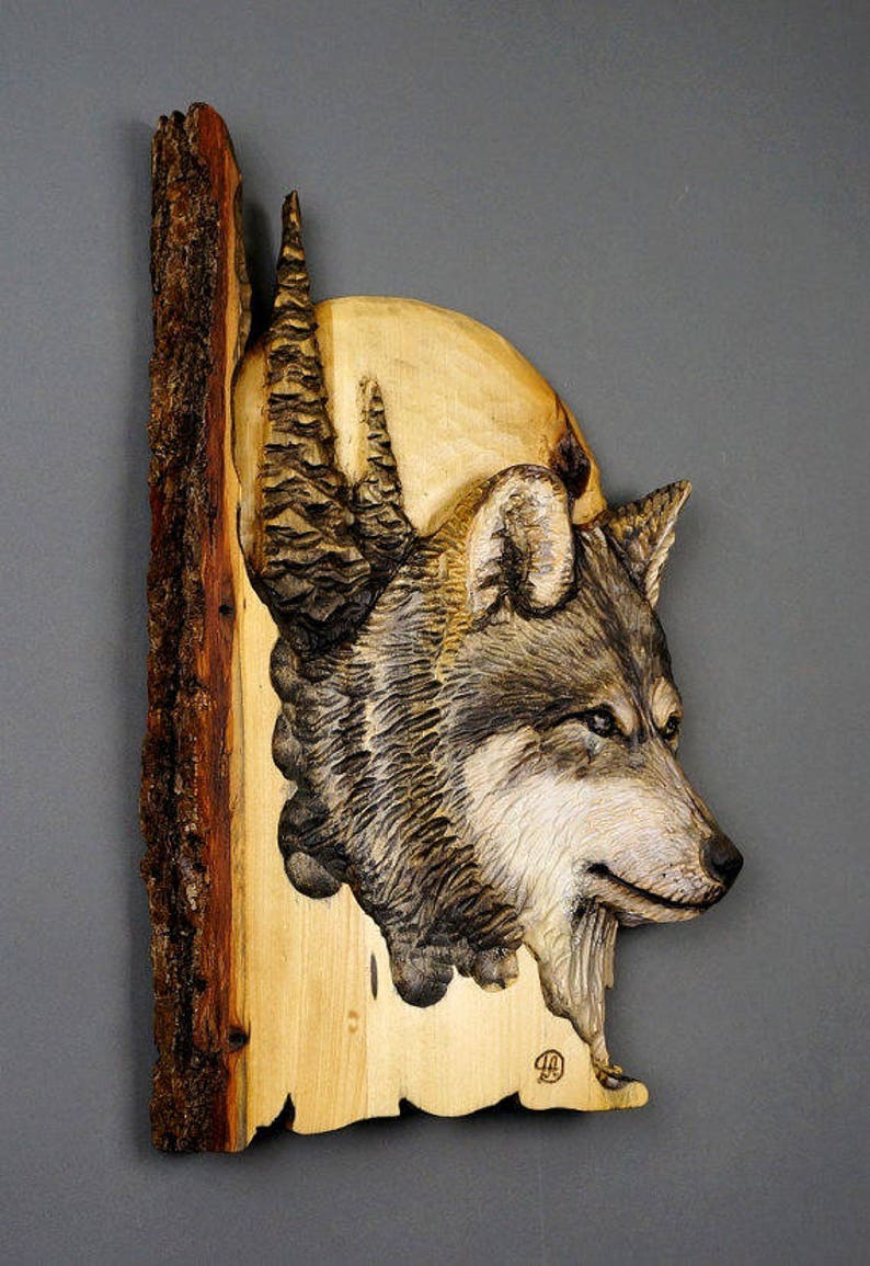 Wolf with Moon and Pines Handcarved in Wood by Davydovart,Wooden Meaningful Gift For Hunters,Cottage Deco For Wild Nature Lovers with Bark image 3