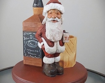 Hand-carved Santa, unique handmade wooden Santa, Christmas collectible, eco-friendly holiday art, Santa figurine with bottle and goblet,OOAK