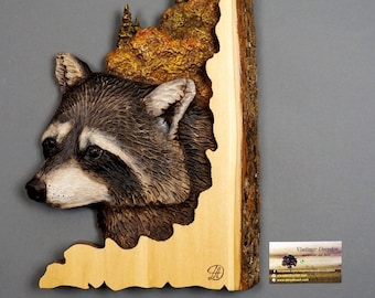 Raccoon Hand Carved on Wood with Pines and Natural Bark, Basswood Relief Sculpture Hand Painted Unique Cottage Deco, Best Family Loved Ones