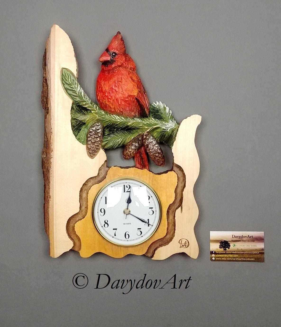 Wooden Realistic Red Cardinal with Clock, Gift Hand Carved Bird for Cottage, Unique Modern Art with Natural Bark, Environment Focused Energy