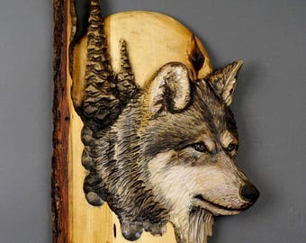 Wolf with Moon and Pines Handcarved in Wood by Davydovart,Wooden Meaningful Gift For Hunters,Cottage Deco For Wild Nature Lovers with Bark