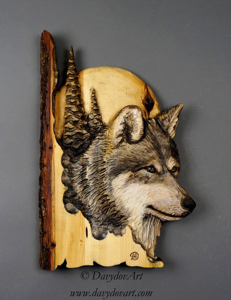 Wolf with Moon and Pines Handcarved in Wood by Davydovart,Wooden Meaningful Gift For Hunters,Cottage Deco For Wild Nature Lovers with Bark image 1