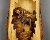 Moose Carved on Wood Wood Carving with Bark Hand Made Gift Wall Hanging for the Moose lovers Rustic OOAK Gift for a Hunter Cabin Decoration