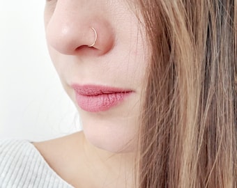 18k Solid Gold Nose Hoop, 7mm 24g Hoop 9/32" Snug Nose Ring, Classic Open Hoop Seamless, Tragus, Cartilage, Nose Ring Yellow White Rose Gold