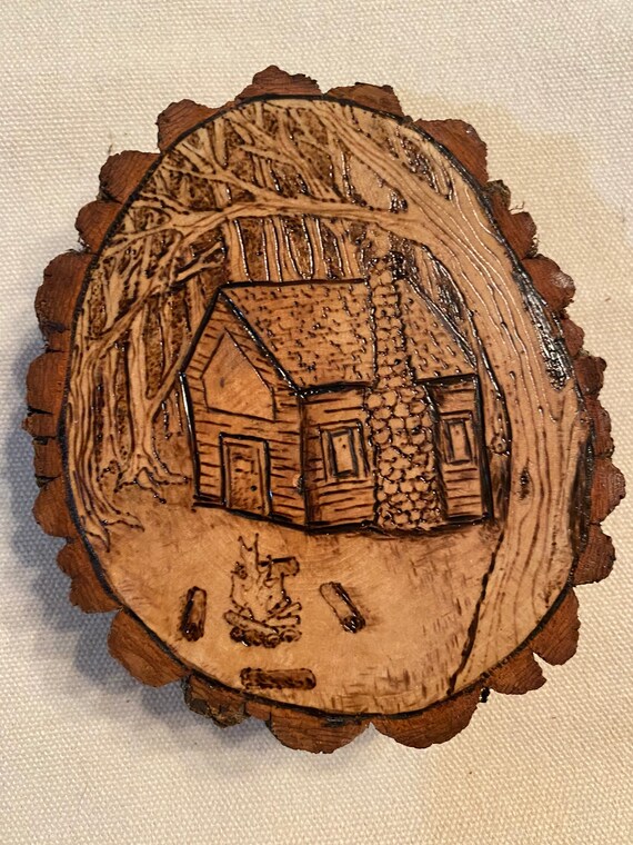 Cabin in the woods wood burning on wood slice Etsy