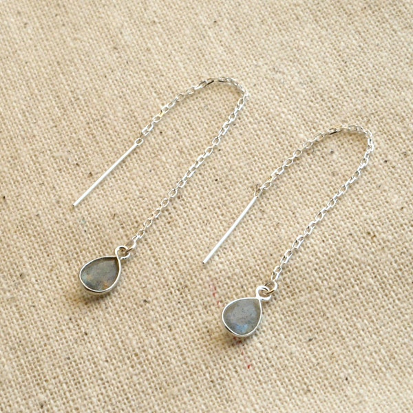 teardrop labradorite ear threads, labradorite earings, silver ear threaders, labradorite jewellery, bezel set