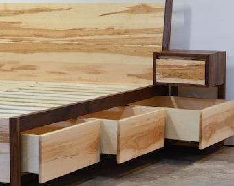 Maple & Walnut Platform Bed with Storage Drawers: Handmade Wooden Bed Frame