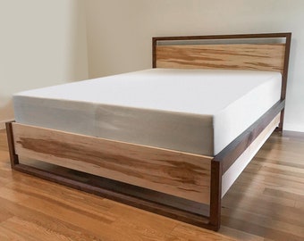 Modern Maple & Walnut Platform Bed with Storage, Bed with drawers, Underbed drawers, Queen bed, King Bed, Headboard with storage