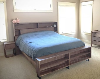 Black Walnut Modern Storage Bed | "Greenwood Bed with Bench" | Non-toxic material and finish
