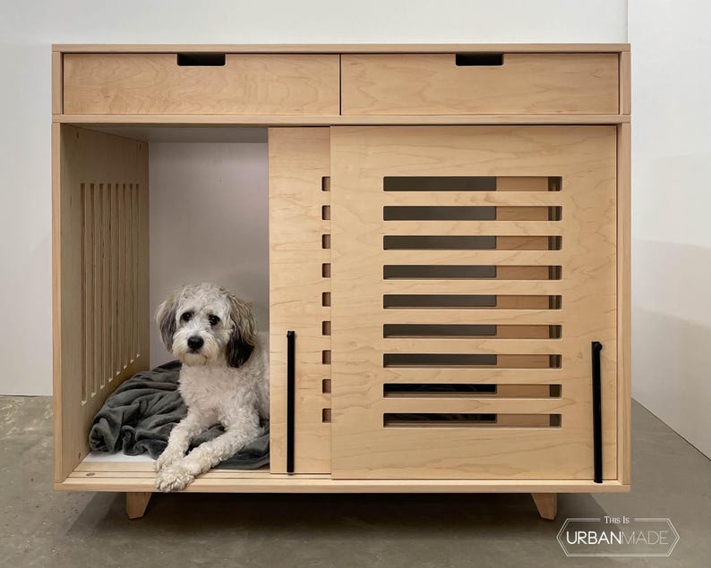 Jaula para perros de madera de nogal con cajones: mesa auxiliar tipo perrera no tóxica imagen 1