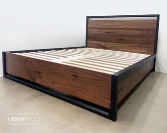 Walnut Platform Bed with Storage Drawers: Modern Wood Bed Frame