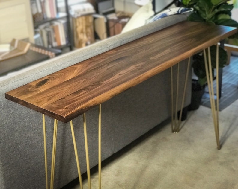 Live Edge Walnut Sofa Console Table // Brass Gold Legs Etsy