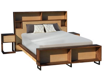 Walnut & Maple platform Bed, Storage Headboard, Charging headboard, Bed with Bench, Queen Bed, King Bed, Underbed Underbed Drawers
