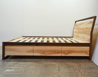 Maple & Walnut Platform Bed with Storage Drawers: Modern Wood Bed Frame