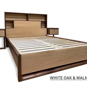 White Oak and Walnut Bed with storage and charging, Platform Bed frame with drawers, Queen bed, King bed, Wooden Platform bed frame