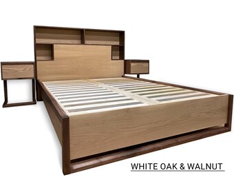 White Oak and Walnut Bed with storage and charging, Platform Bed frame with drawers, Queen bed, King bed, Wooden Platform bed frame