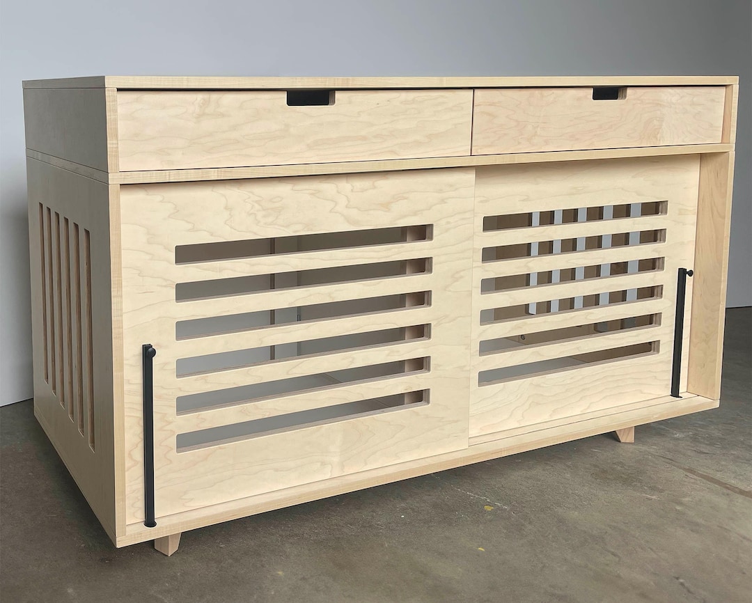 View of Light Wood Dog Crate Furniture: Wooden Side Table With Drawers - Etsy