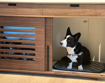 Walnut Dog Crate Furniture with Drawers: Non-Toxic Wooden Kennel Side Table