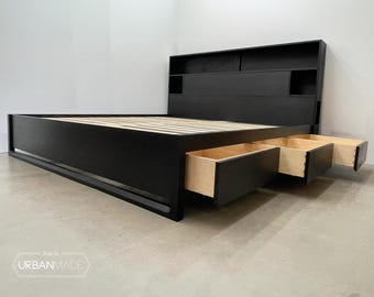 Oxidized Black Walnut Platform Bed with Storage Headboard & Drawers