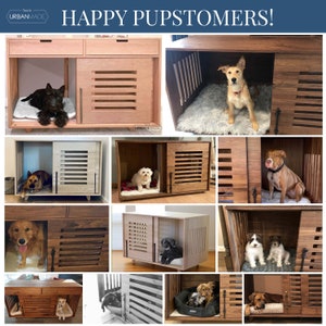 Puede incluir: Un collage de im&aacute;genes que muestran diferentes jaulas para perros hechas de madera. Las jaulas presentan diferentes tama&ntilde;os, estilos y acabados, incluyendo una madera clara con una puerta blanca y una madera m&aacute;s oscura con una puerta marr&oacute;n. Las jaulas se muestran con perros de diferentes razas y tama&ntilde;os dentro, demostrando la versatilidad del producto. El texto "HAPPY PUPSTOMERS!" se muestra en la parte superior del collage.