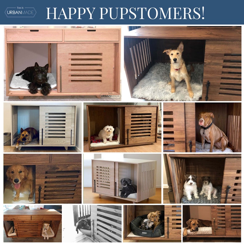 Puede incluir: Un collage de im&aacute;genes que muestran diferentes jaulas para perros hechas de madera. Las jaulas presentan diferentes tama&ntilde;os, estilos y acabados, incluyendo una madera clara con una puerta blanca y una madera m&aacute;s oscura con una puerta marr&oacute;n. Las jaulas se muestran con perros de diferentes razas y tama&ntilde;os dentro, demostrando la versatilidad del producto. El texto "HAPPY PUPSTOMERS!" se muestra en la parte superior del collage.