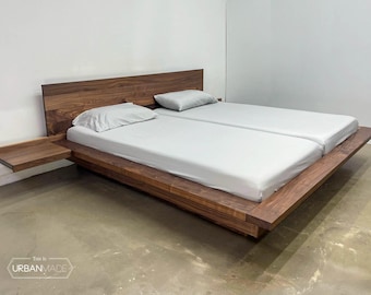 Modern Walnut Platform Bed: Scandinavian Floating Bed Frame
