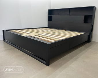 Oxidized Walnut Platform Bed with Storage Headboard & Drawers