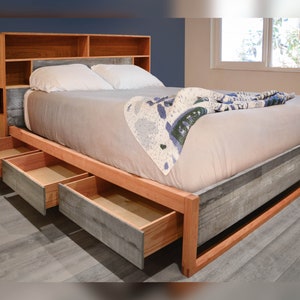 Cherry and reclaimed bed, headboard storage and charging, Bed with drawers, Queen bed, King bed, Underbed storage, Easy assembly image 2