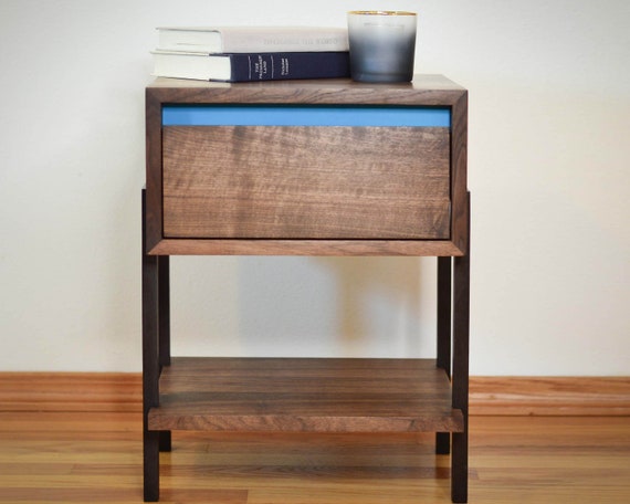 Walnut Side Table Night Stand Aqua Dovetailed Drawers Etsy