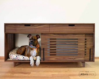 Caja para perros de mediados de siglo, muebles de madera para mascotas, caja para perros de madera, acabados no tóxicos