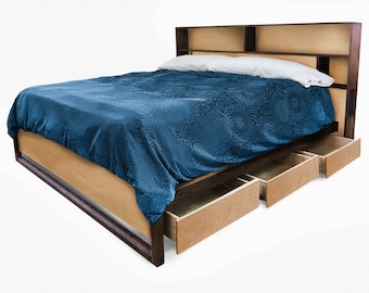 Maple Bed with headboard storage and charging, Bed with drawers, Queen bed, King bed, Underbed storage, Easy assembly, Non-toxic finish