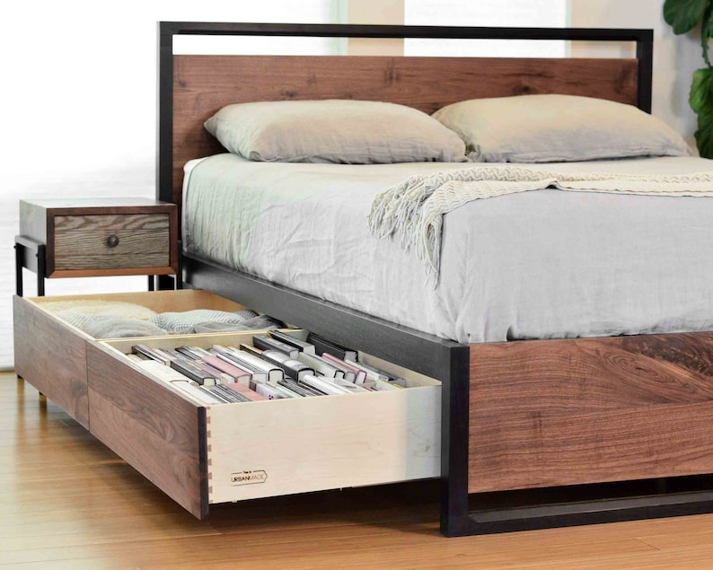 Stunning Walnut Storage Bed, Underbed Drawers, Solid walnut, Solid wood platform bed, Contemporary bedroom furniture image 1