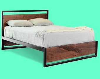 Black frame & Walnut Bed, Solid walnut, Solid wood platform bed, Contemporary bedroom furniture