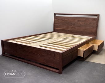 Walnut Platform Storage Bed with Drawers: Solid Wood Bedroom Set
