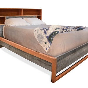 Cherry and reclaimed bed, headboard storage and charging, Bed with drawers, Queen bed, King bed, Underbed storage, Easy assembly image 1