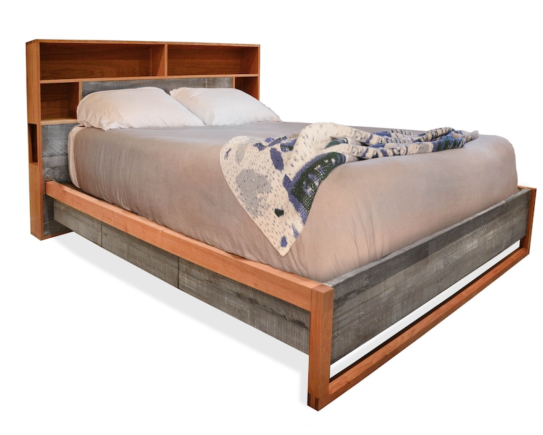 Cherry and reclaimed bed, headboard storage and charging, Bed with drawers, Queen bed, King bed, Underbed storage, Easy assembly image 1