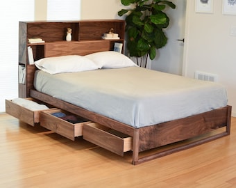 Cama moderna con cabecera con almacenamiento y carga, Cama con cajones, Cama Queen, Cama King, Almacenamiento en cama inferior, Fácil montaje, Acabado no tóxico