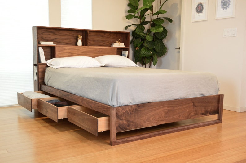 Platform storage bed, Cherry and reclaimed wood, headboard storage and charging, Bed with drawers, Queen bed, King bed, Underbed drawers, image 5