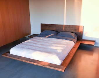 Cama flotante Wabi Sabi de nogal tamaño king: estructura de cama flotante escandinava