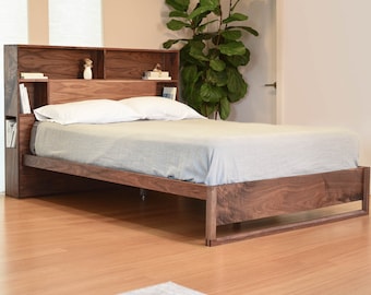 Solid Wood Platform Bed with Bookshelf Headboard - Black Walnut